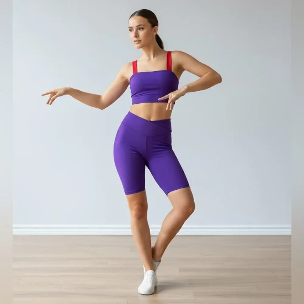 SET Theatricals dance 2 piece Purple Red Dancewear Crop Top Biker Shorts adult